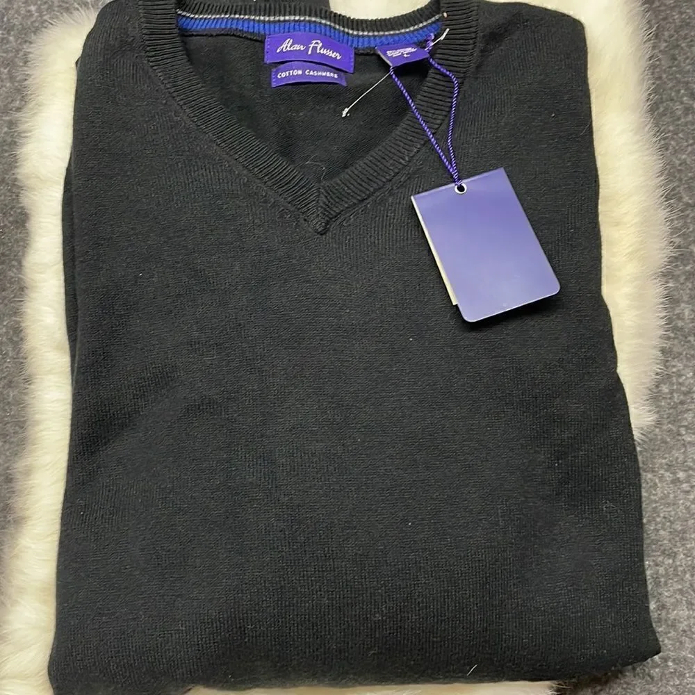 NWT Alan Flusser Cotton Cashmere Classic Black Crewneck Sweater Size L Large